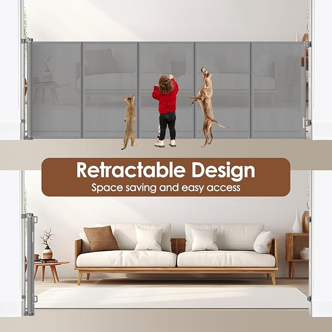 Reinforced 48" Extra Tall X 100" Extra Large Baby Gates for Wide Openings Long Dog Gate for Doorway Mesh Gates for Pets Retractable Dog Gate Indoor/Outdoor Tall Baby Gate for Cats, Gray