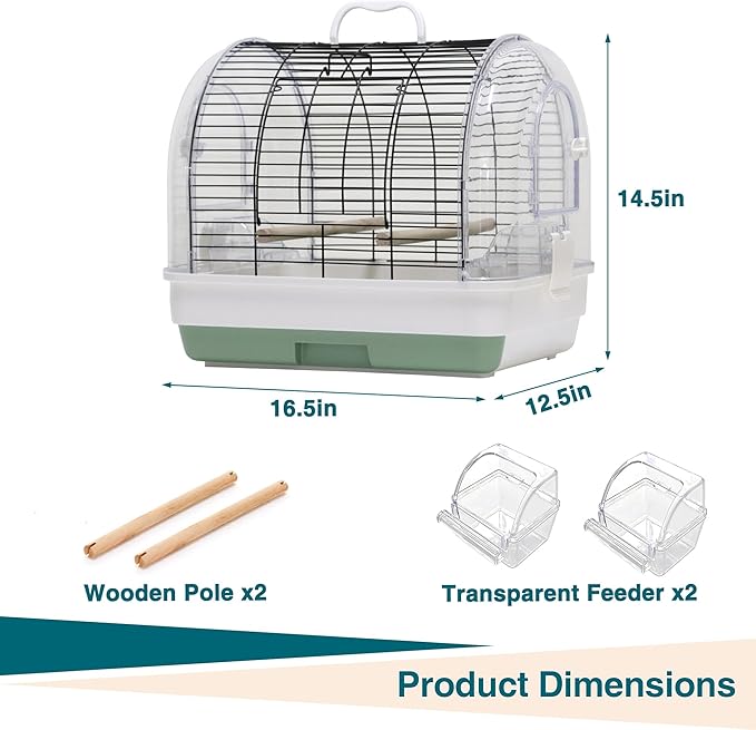 Portable Bird Cage Carrier for Small to Medium Birds,Secure Multi-Access Locking Doors, Easy-to-Clean Slide-Out Tray, and Natural Wood Perches with Transparent Feeders