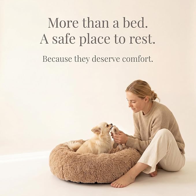 Calming Donut Dogs Beds for Small Dogs Washable,19inch Fluffy Round Puppy Bed for Puppies,Cats & Toy Breeds with Raised Rim,Fits up to 15 lbs Pets,Camel