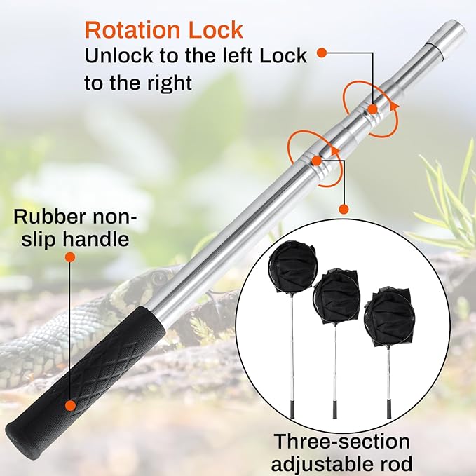 Qualirey Snake Catcher Net Rattlesnake Grabber Snake Grabber Tool Snake Handling Tools Telescopic Pole Stick with 16.2''-27.6'' Handle and 11.8'' Net Opening for Reptile Catch Snake Removing Catching