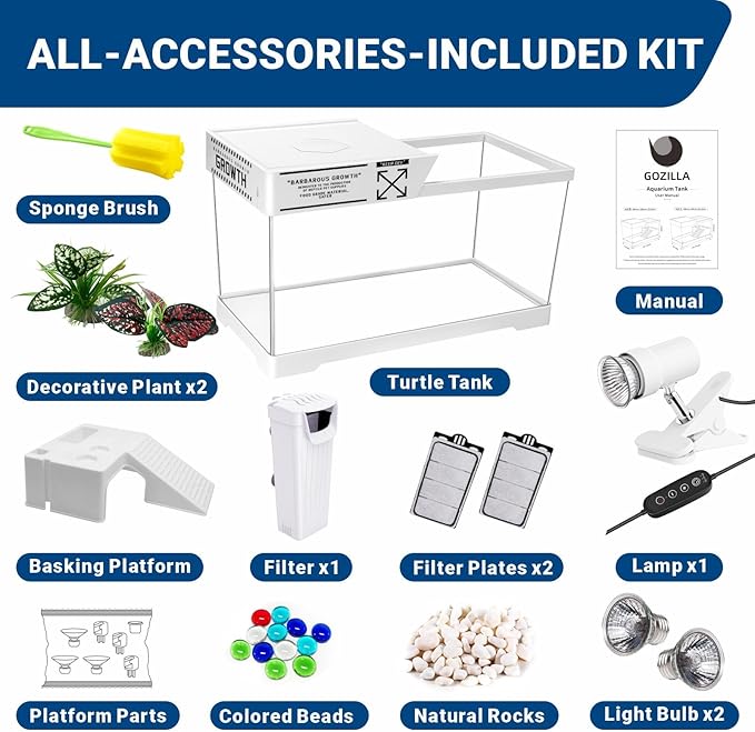 GOZILLA Turtle Tank Kit+Lamp+Filter, Upgrade PC Turtle Tank Starter Kit with Adjustable Lamp & Filter,Reptile Habitat with Lid,Basking Platform for Small Reptiles(19.68× 9.52× 9.44''/White-Large-Kit)