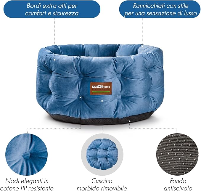 ClevaHome Deep Nest Cat Bed for Small Pets up to 15lbs - Round Cat Beds for Indoor Cats, Luxurious Velvet Feel, Extra High Sides, Machine Washable Comfort Pet Bed with Non-Slip Bottom (Steel Blue)