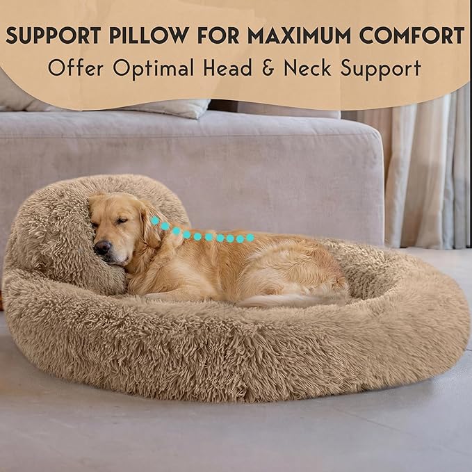 PetJett XL Dog Bed for Large Sized Dog - 45'' Extra Large Dog Bed, Washable Dog Bed - Anti-Slip Super Soft Round Donut Bed, Fluffy Faux Fur Anti-Anxiety Premium Comfort Pet Bed, Fits Dogs upto 120 lbs