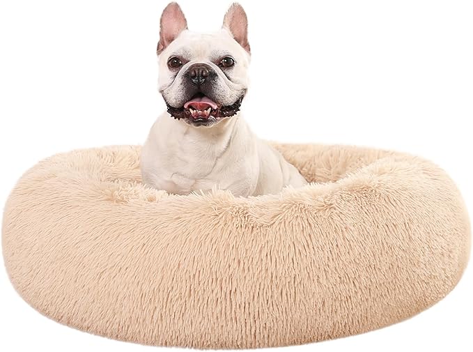 Amazon Basics Washable Donut Pet Bolster Faux Fur Bed with Removable Cover, Anti-Slip Bottom for Dog, Beige, 36" x 36"