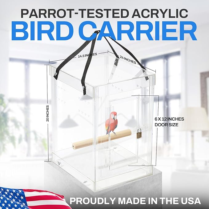 PENNZONI Medium Bird Carrier Display Case, Crystal Clear Acrylic Bird Travel Cage with Feeder Bowls