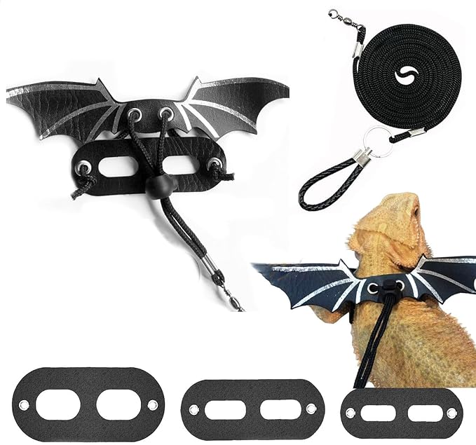 Bearded Dragon Leash and Lizard Harness Adjustable (S,M,L,3 Size) Leather Wing Lizard Iguanas Leash Geckos Reptile for Amphibians Small Pet Animals Silver