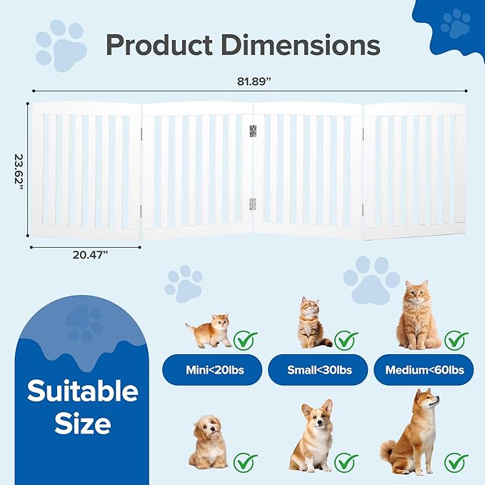 DUMOS Pet Gate for Dogs and Cats, 24 Inch 4 Panels Foldable Wooden Freestanding Dog Gate with Hinge Design, Indoor Portable Extra Wide Dog Fence Pet Barrier for Doorways, Stairs, Kitchen, White