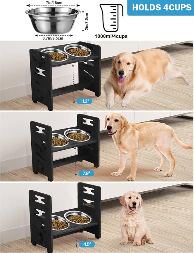 Vantic Elevated Dog Bowls, Adjustable Raised Dog Bowl Stand for Medium Sized Pet, Sturdy Bamboo Food Feeder with 2 Stainless Steel Dishes, Black