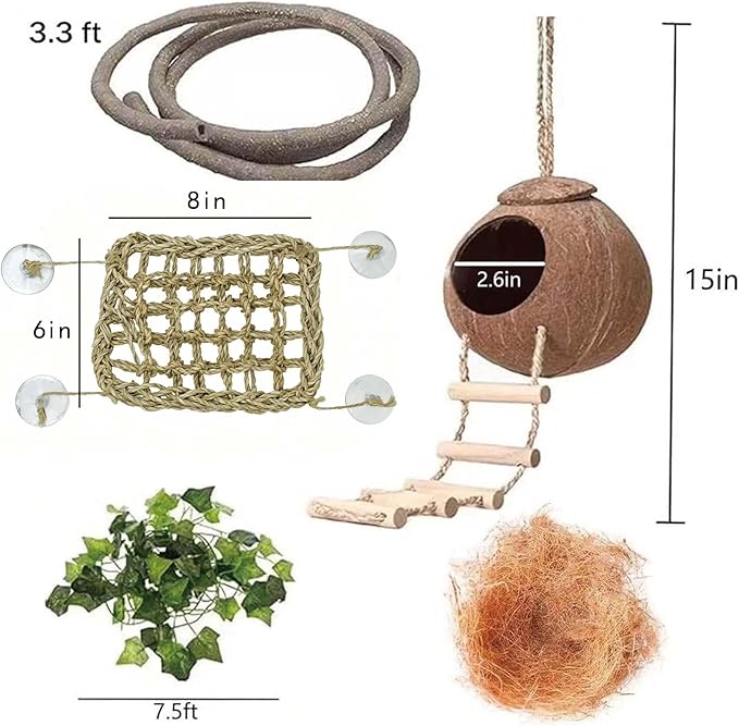 Leopard Gecko Tank Accessories. Reptile Hammock Vines Plants with Coconut Shell Ladder Hideout Hermit Crab Decor for Bearded Dragon Lizard Chameleon Crested Gecko Tortoise Snake