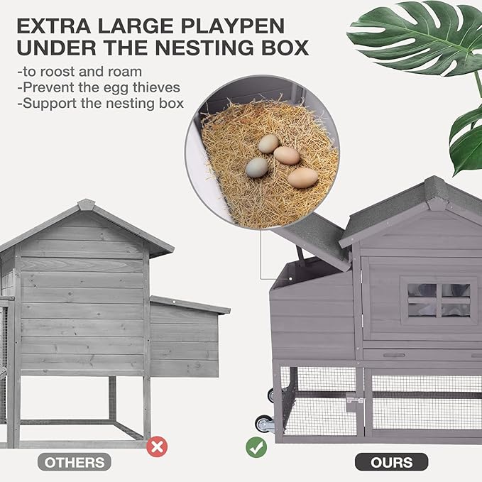 Wooden Chicken Coop with Run, Mobile Chicken House with Wheels, Outdoor Hen Poultry Cage with Leak-Proof Tray and Nesting Box, Lager Chicken Coops with UV-Resistant Roof for 2-3 Chickens (Grey)