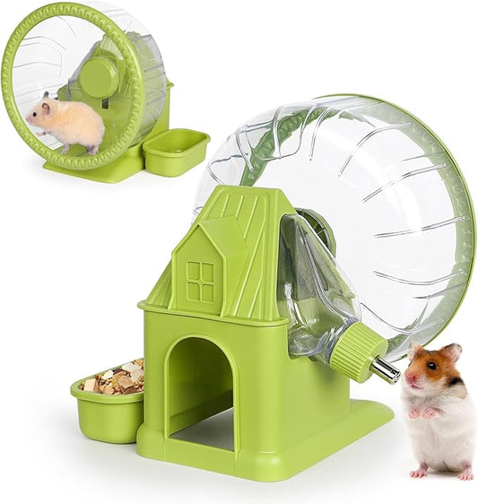 Hamster Toys 4 in 1 Multifunctional Super-Silent Exercise Toys Spinner Wheels with Water Bottle Food Container and Hideout Base Large Spinning Running Wheel for Rat Gerbils Mice (L,Green)