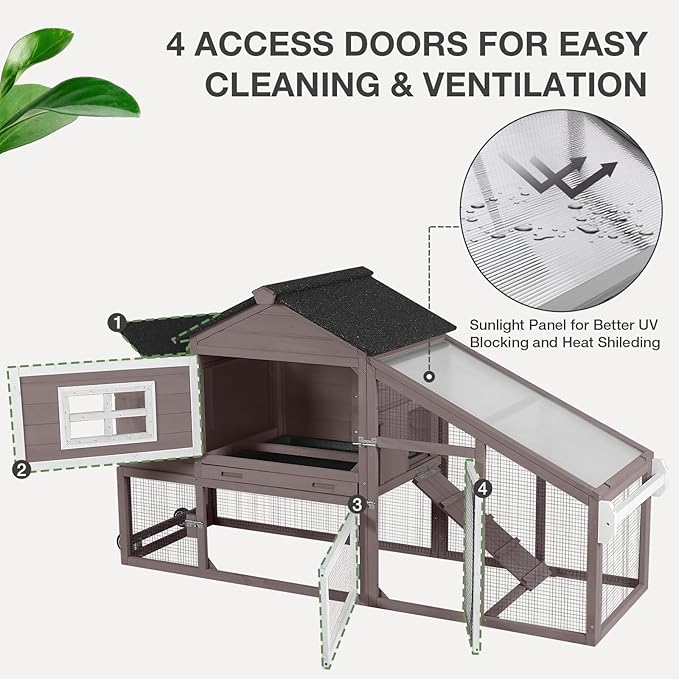 Wooden Chicken Coop with Run, Mobile Chicken House with Wheels, Outdoor Hen Poultry Cage with Leak-Proof Tray and Nesting Box, Lager Chicken Coops with UV-Resistant Roof for 2-3 Chickens (Brown
