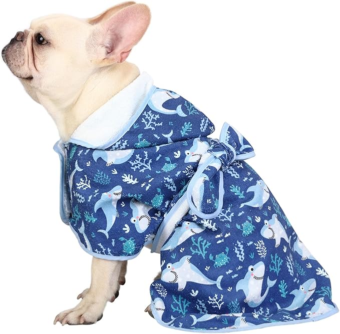 HDE Dog Bathrobe Super Absorbent Quick Drying Puppy Towel Wrap Coat Adjustable After Bath Robes with Hood for Dog Sizes S-XXL Sharks S