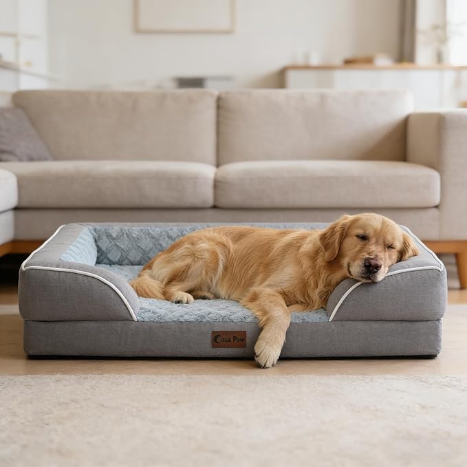 Orthopedic Dog Beds for Extra Large Sized Dogs, Waterproof Memory Foam XL Pet Bed with Sides 48x30Inch, Non-Slip and Egg-Crate Foam Big Dog Couch Bed with Removable Washable Cover, Grey