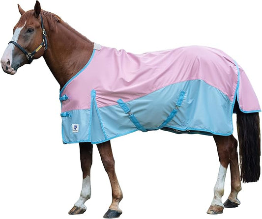 Horse Turnout Rain Sheet | 600 Denier Ripstop Turnout Blanket No Fill (0g) | Waterproof Lightweight Breathable | Tear-Resistant Outer & Rub-Free Silky Inner | Pink/Blue - 70 in