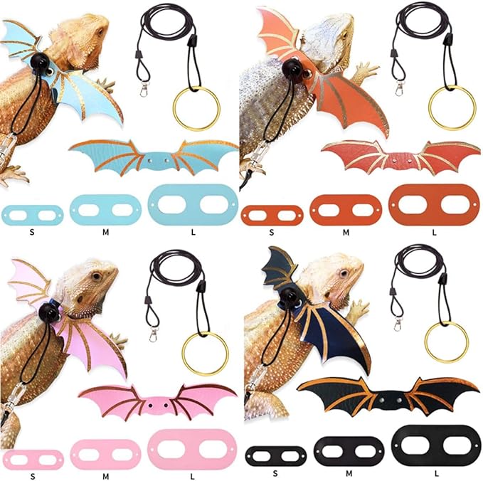 3 Size Pack Bearded Dragon Leashes and Harnesses, Bearded Dragon Harness, Soft Leather Detachable Adjustable Reptile Lizard Wing Leash (Black)
