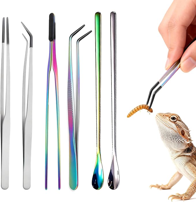 6PCS Stainless Steel Reptile Feeding Tongs and Spoons Set, 10.6" Long Tweezers with Rubber Tips & 10.2" Feeding Scoops for Bearded Dragon Tank Accessories, Snake Enclosure, Gecko, Terrarium Supplies