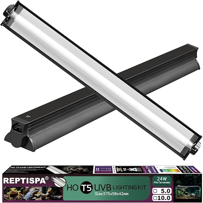 T5 HO UVB Lighting Combo Kit, Reptile Light Fixture with Fluorescent Light Bulbs, Tropical Light for Reptiles and Amphibians, Basking Light for Bearded Dragon, High Output Natural Light (24W 5.0 UVB)
