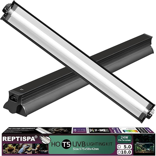 T5 HO UVB Lighting Combo Kit, Reptile Light Fixture with Fluorescent Light Bulbs, Tropical Light for Reptiles and Amphibians, Basking Light for Bearded Dragon, High Output Natural Light (24W 10.0 UVB)