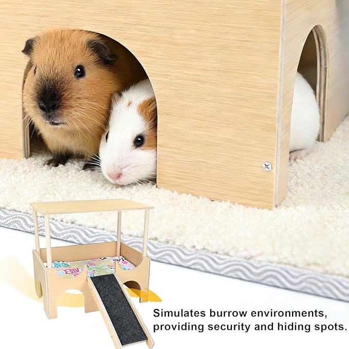 Upgraded Guinea Pig Castle, Sturdy Wooden Guinea Pig Hideout, Cozy Habitat Hut with Ladder for Playing & Hiding, Easy-to-Assemble House Bed for Hamsters, Rabbits and Chinchillas