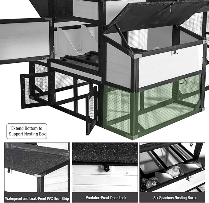 Large Chicken Coop with Run - Wooden Hen House with 6 Nesting Boxes and Removable Tray, 41.3ft² Poultry Pet Hutch Run Cage with Waterproof Asphalt Roof, fold Out House for 4-6 Chickens (White)