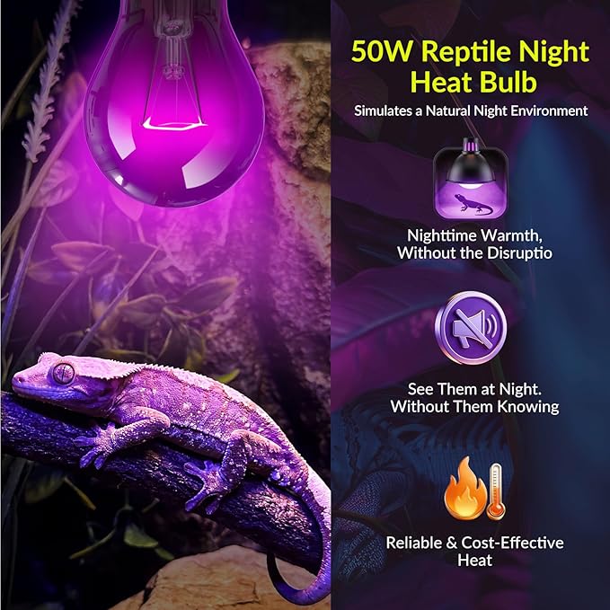 Lustaled Reptile Heat Lamp Bulbs-50W Reptile Night Heat Bulb E26 Terrarium Heat Lamp Simulate Natural Moon Purple Light for Snake Bearded Dragon Leopard Gecko Lizard Chameleon Tortoise -2Pack