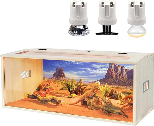 PROLEE Bearded Dragon Tank,Wooden Reptile Tank and Lizard Tank,Tempered Glass Large Bearded Dragon Enclosure with Built-in Lamp Fixture (48X20X20inch,80 Gallons)