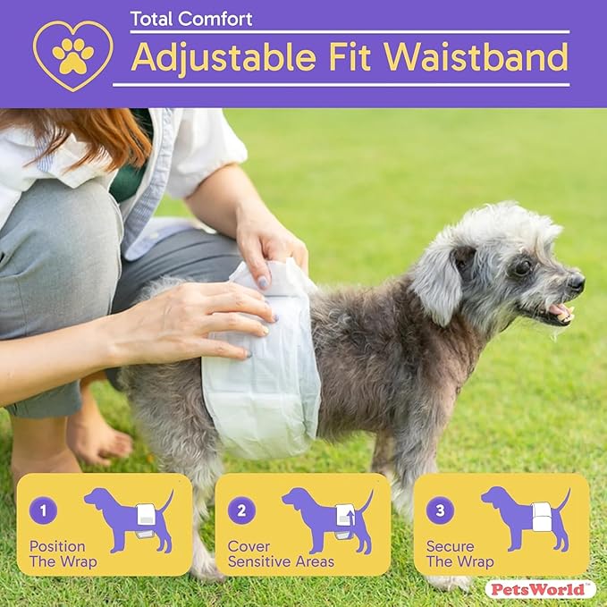 PetsWorld Dog Diapers Male Small 400 Count Disposable Male Dog Wraps – Super Absorbent Belly Bands with Wetness Indicator, Fur-Friendly Adjustable Fit for Incontinence & Training (Waist 10.6–16 in)