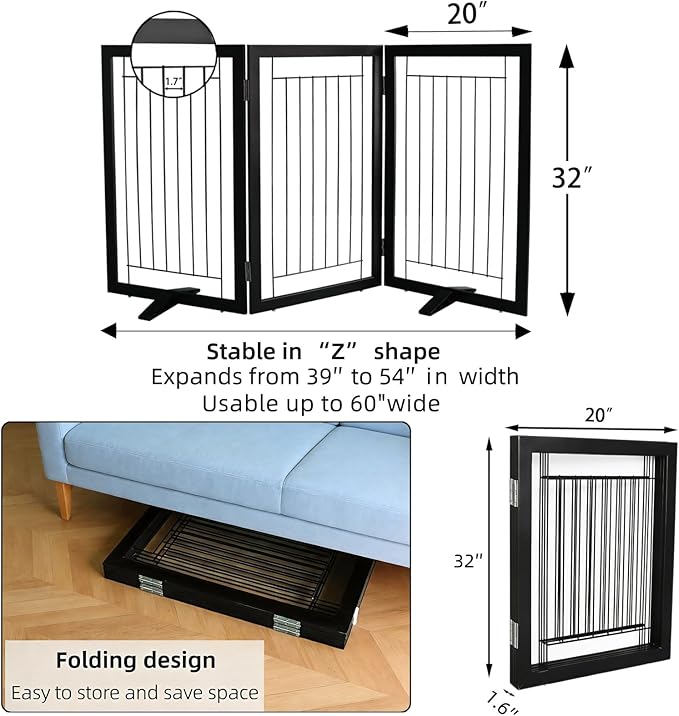 ZJSF Freestanding Dog Gate Indoor, Foldable Dog Fence for Doorways,Hallways or Stairs, Sturdy Wood Extra Wide Pet Gate with Support Feet,Black,32 "Height-3 Panels