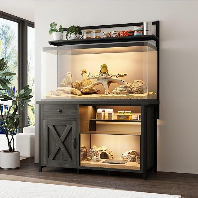 Reptile Tank Stand with Power Outlet, Terrarium Stand with Storage Cabinet, 49" X 20" Tabletop, Aquarium Stand with LED Lights, Reptile Terrarium,Turtle Tank (Gray)