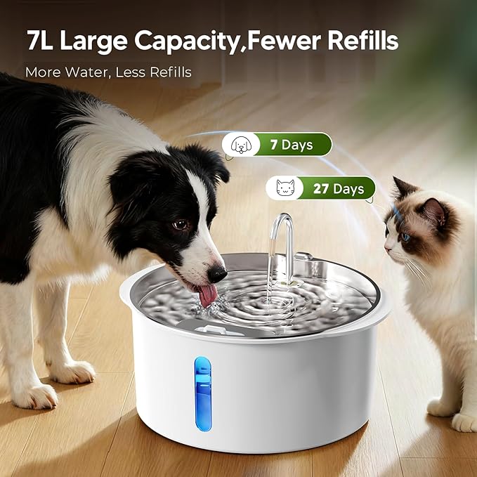Pektaco Dog Water Fountain for Large Dogs, 1.8Gal/7L Pet Water Fountain, Dog Water Bowl Dispenser with Viewing Window & LED, Super Quiet, Stainless Steel Tray Easy Clean BPA-Free(with 1 Filters)
