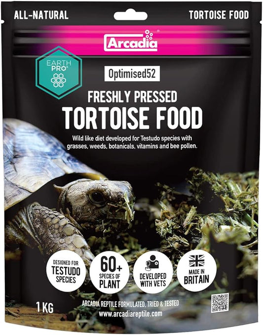 Arcadia Optimised52 Freshly Pressed Tortoise Food 1KG – All-Natural Tortoise High Fiber Diet with 52 Species of Grasses Herbs and Flowers, Complete Reptile Food with Bee Pollen, Calcium and Probiotics