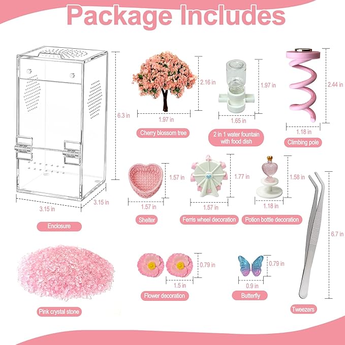 Jumping Spider Enclosure,DIY Insects Habitat,Small Reptile Terrarium Glass House Accessories Set,with Jumping Platform Hide Water Feeder (Pink B)