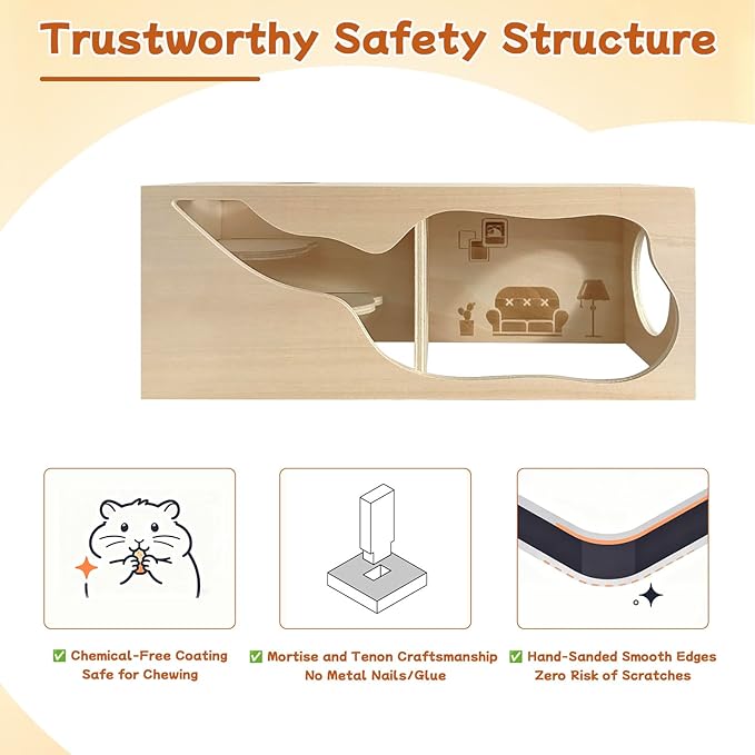 Hamster Hideout & Tunnel Set, 2Pcs Wooden House with Climbing Ladder, Exploration Tubes & Observation Shed for Syrian Hamsters, Dwarf Hamsters, Mice, Gerbils, Rats, and Other Small Animals