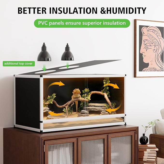 120 Gallon PVC Reptile Enclosure 48"x24"x24" – Reptile Tank with Removable Solid Top Cover, Front Sliding Glass Doors, Easy Clean, for Bearded Dragon, Snake
