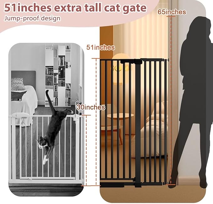 51'' Extra Tall Cat Gate Barrier for Doorways Hallways, Pressure Mounted Pet Dog Gates Ajustable Auto Close, Cat Fence Indoor Climb Proof 30-49'' Wide (Black)