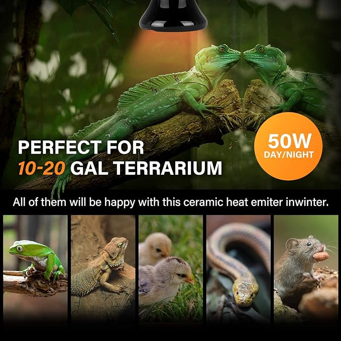 Simple Deluxe 25W/40W/50W/150W/250W Ceramic Heat Emitter Reptile Heat Lamp Bulb No Light Emitting Brooder Coop Heater for Amphibian Pet & Incubating Chicken, 50W(Mini), Black/2-Pack