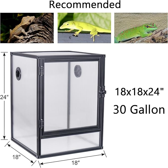 30 Gallon 18x18x24 Tall Terrarium, Aluminum Frame Gecko Tank with Hollow Polycarbonate Side Panels, Mesh Top, Locking Door for Crested Gecko Chameleon
