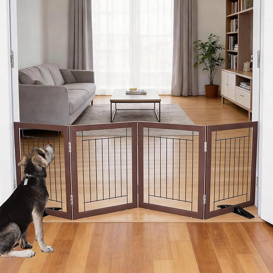 ZJSF Freestanding Dog Gate Indoor, Foldable Dog Fence for Doorways,Hallways or Stairs, Sturdy Wood Extra Wide Pet Gate with Support Feet,Brown,24 "Height-4 Panels