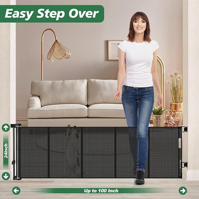 24" Tall X 100" Extra Wide Short Dog Gates to Step Over, Extra Long Short Pet Gate for Doorways, Small Puppy Gates for The House Mesh Doggie Gates for Indoors Outdoor, Black