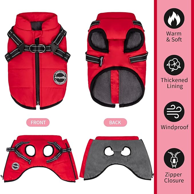Warm Dog Winter Coat, Cold Weather Jacket with Built-in Harness, Reflective & Adjustable Comfortable Pet Vest, Windproof Apparel for Small Medium Large Dogs (Red)