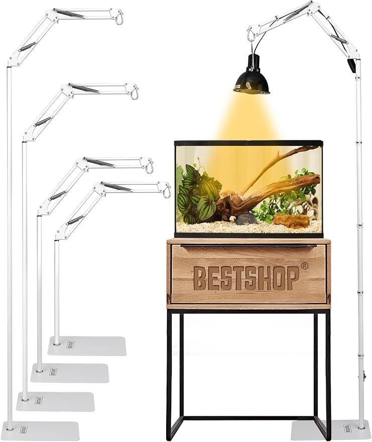 Reptile Light Stand, Heat Bulb Stand (15.7 to 74.3 inch) with Adjustable 360° Swing Arm for Terrarium, Reptile Heat Lamp Stand for Bearded Dragons, Turtles, and Chameleons (White)