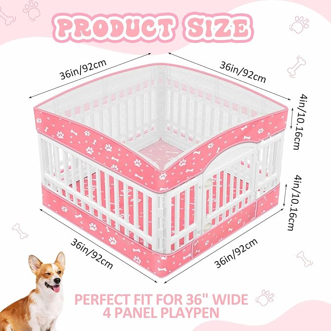 2 Pack Dog Playpens Cover and Bottom Mat Fits for 36 Inch 4 Panels Pet PlayPen, Dog Crate Cover Puppy Exercise Pad, Reusable Washable, Hoop and Loop Design, Playpen Not Included(Pink)
