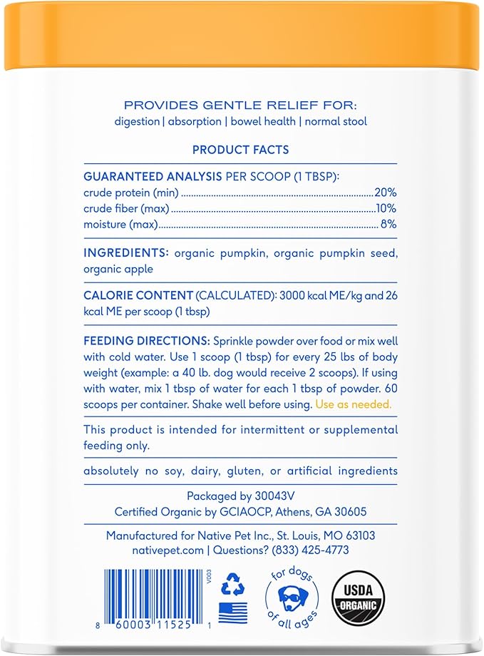 Native Pet Pumpkin for Dogs - Organic Dog Food Topper Powder - Promotes Firm Stools, Supports Digestive, Bowel Health & Nutrient Absorption - USDA Organic, Rich in Fiber with Real Pumpkin - 60 Scoops