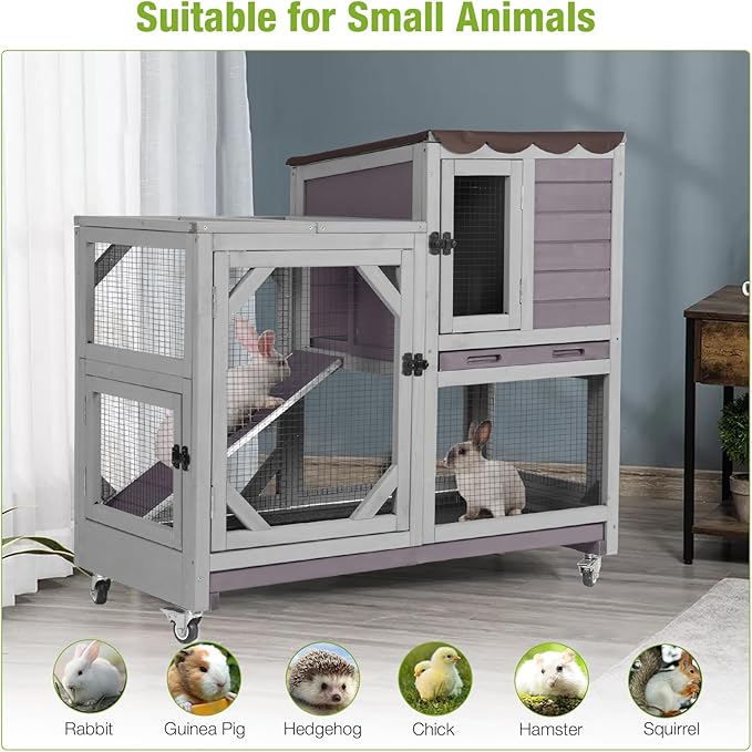 Rabbit Hutch Indoor Outdoor, 2-Story Bunny Cage with Wheels, Wooden Rabbit House with Leakproof Trays, Rain Cover, Guinea Pig Cages with Chew-Proof Ramp (Grey)