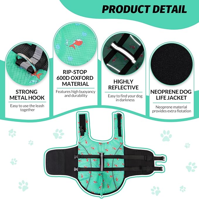 Queenmore Medium Dog Life Jacket, Dog Life Vest for Swimming with Shark Fin, Ripstop Dog Lifevests for Boating with Handle/Leash Hook, Pet Safety Water Vest for French Bulldogs Dachshunds