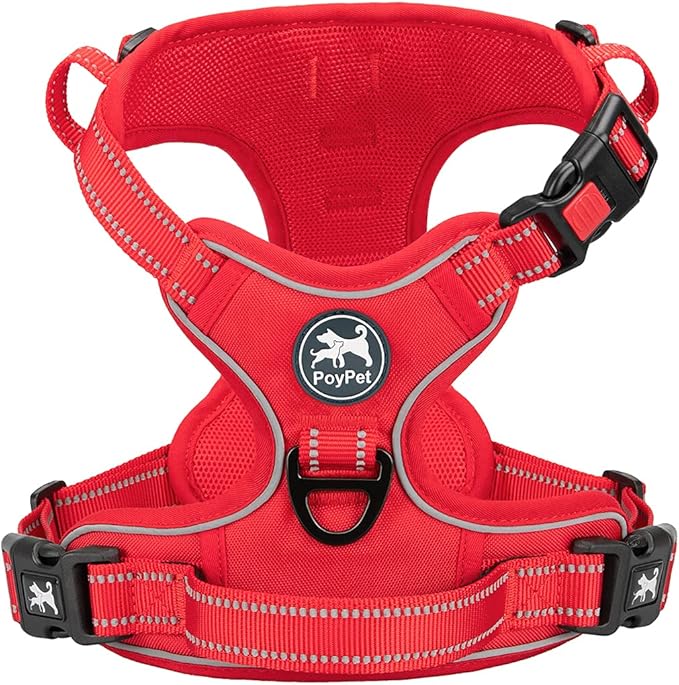 PoyPet No Pull Dog Harness, No Choke Reflective Dog Vest, Adjustable Pet Harnesses with Easy Control Padded Handle for Small Medium Large Dogs(Red Matching Trim,XL)