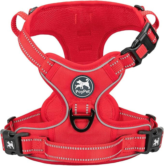 PoyPet No Pull Dog Harness, No Choke Reflective Dog Vest, Adjustable Pet Harnesses with Easy Control Padded Handle for Small Medium Large Dogs(Red Matching Trim,XL)