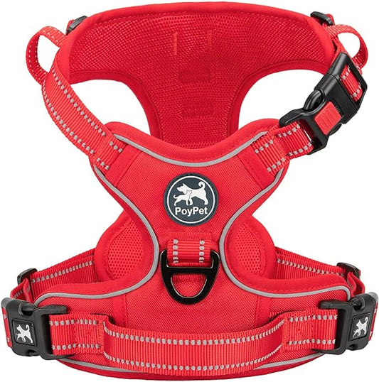 PoyPet No Pull Dog Harness, No Choke Reflective Dog Vest, Adjustable Pet Harnesses with Easy Control Padded Handle for Small Medium Large Dogs(Red Matching Trim,M)