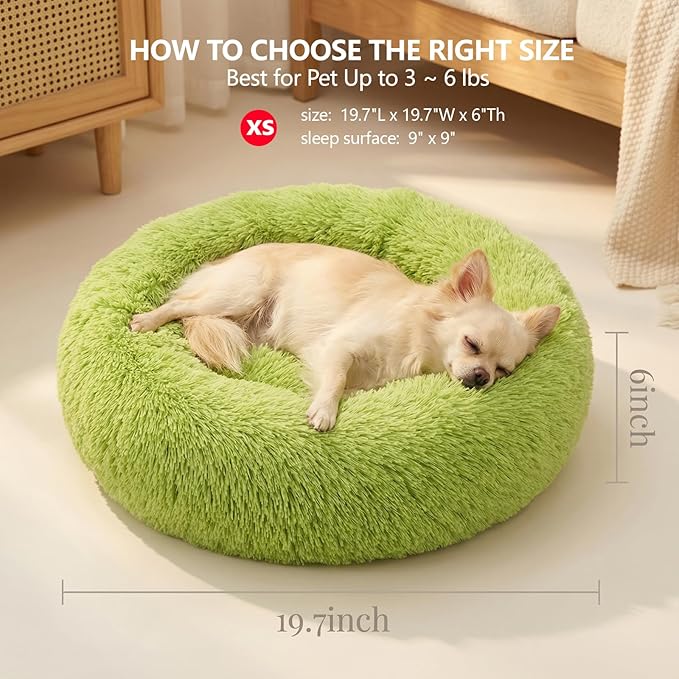 Calming Donut Dogs Beds for Small Dogs Washable,19inch Fluffy Round Puppy Bed for Puppies,Cats & Toy Breeds with Raised Rim,Fits up to 15 lbs Pets,Green